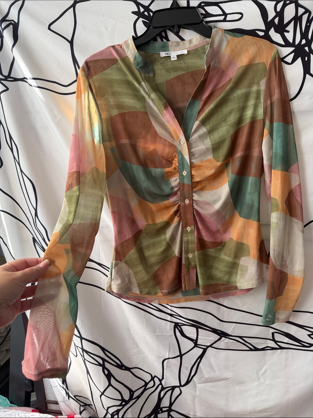 DR2 Multicolor Abstract Ruched Button-Front Shirt - Picture 3 of 4